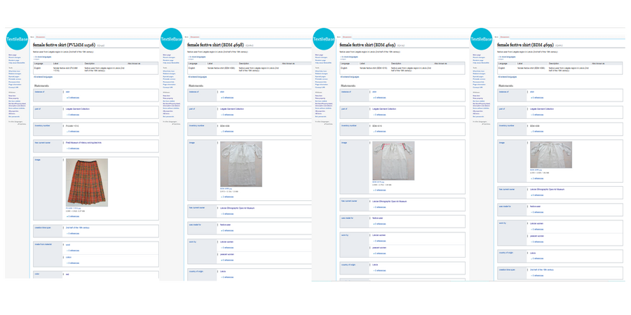 Entry examples from Linked Open Datasets on Garments from the Latgale Region, from right to left: Q142, Q180, Q179, Q181.